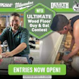WFB Ultimate Wood Floor Guy and Gal Contest promotional banner featuring two woodworkers installing flooring, with entries now open by October 1, 2026.