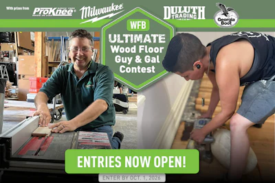 WFB Ultimate Wood Floor Guy and Gal Contest promotional banner featuring two woodworkers installing flooring, with entries now open by October 1, 2026.