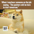 Shiba Inu dog with slight smile in home setting with WF Business logo