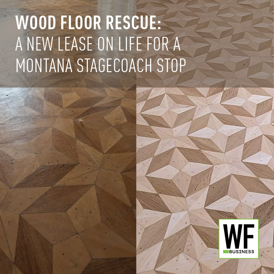 Before and after wood floor restoration showing geometric parquet pattern transformation at Montana stagecoach stop