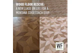 Before and after wood floor restoration showing geometric parquet pattern transformation at Montana stagecoach stop