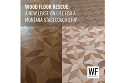 Before and after wood floor restoration showing geometric parquet pattern transformation at Montana stagecoach stop