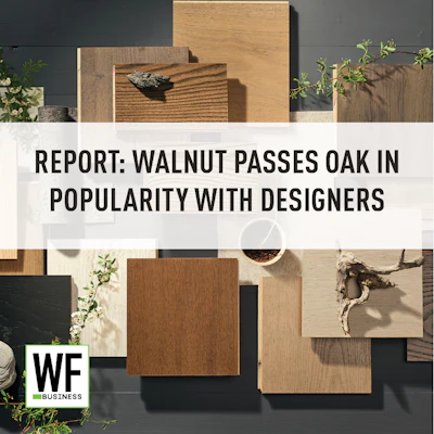 WE Business logo with wood material samples and design elements in neutral tones