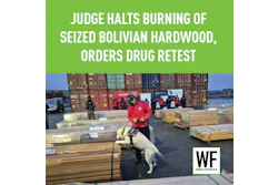 Drug enforcement officials with detection dog inspect seized Bolivian hardwood shipment at port facility