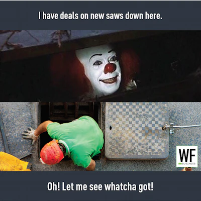 Dark humor meme featuring clown character offering deals on saws with person in green shirt holding red object