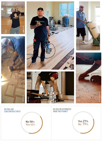 Flooring installation process showing workers sanding, polishing, and finishing hardwood floors with professional tools and equipment.