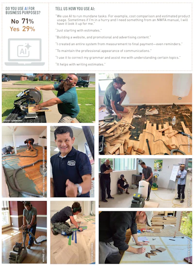 AI usage survey showing 71% don't use AI for business, 29% do, with testimonials and photos of skilled tradespeople and professionals working on various projects
