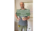 Man in gray shirt sharing table saw safety story, wearing safety glasses and work gloves in workshop
