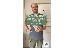 Man in gray shirt sharing table saw safety story, wearing safety glasses and work gloves in workshop