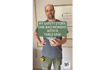 Man in gray shirt sharing table saw safety story, wearing safety glasses and work gloves in workshop
