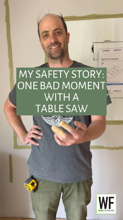 Man in gray shirt sharing table saw safety story, wearing safety glasses and work gloves in workshop