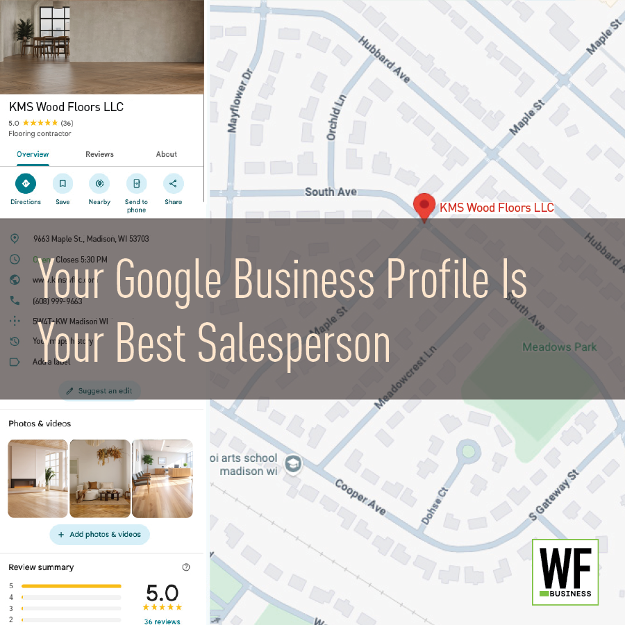 Google Business Profile for KMS Wood Floors LLC showing location map, 5-star rating, and wood flooring photos