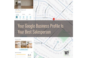Google Business Profile for KMS Wood Floors LLC showing location map, 5-star rating, and wood flooring photos