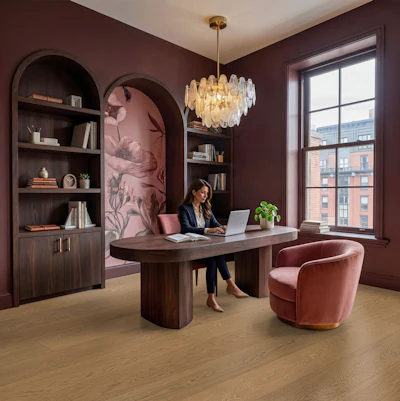 Modern burgundy office with arched shelving, wooden desk, pink velvet chair, glass chandelier, and city views