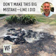 Man's cautionary message about agricultural mistake with burned debris and crops in background