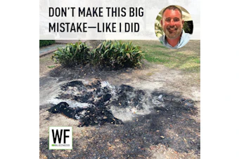 Man's cautionary message about agricultural mistake with burned debris and crops in background