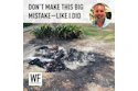 Man's cautionary message about agricultural mistake with burned debris and crops in background