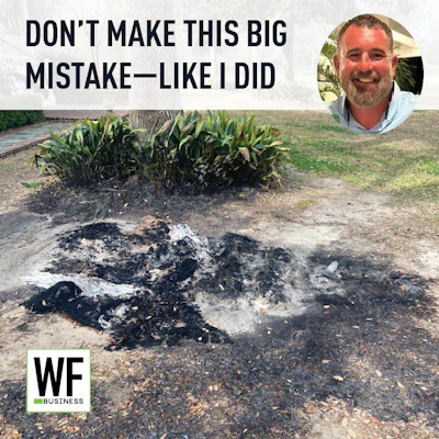 Man's cautionary message about agricultural mistake with burned debris and crops in background