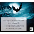 Haunted castle under moonlight with flying bat and humorous engineering quote from WE Business
