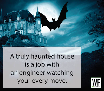 Haunted castle under moonlight with flying bat and humorous engineering quote from WE Business