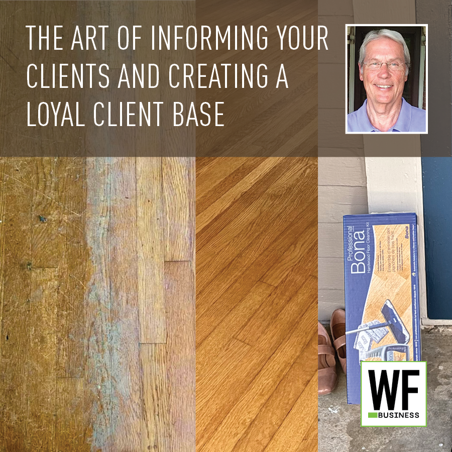 Professional presentation on client communication featuring flooring samples, headshot photo, and WE Business logo
