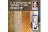 Professional presentation on client communication featuring flooring samples, headshot photo, and WE Business logo