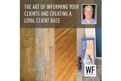 Professional presentation on client communication featuring flooring samples, headshot photo, and WE Business logo