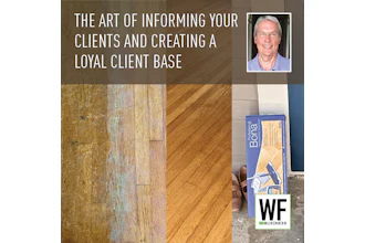 Professional presentation on client communication featuring flooring samples, headshot photo, and WE Business logo