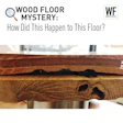 Wood floor damage showing deep gouges and marks with magnifying glass icon and mystery headline