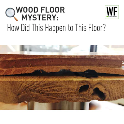 Wood floor damage showing deep gouges and marks with magnifying glass icon and mystery headline