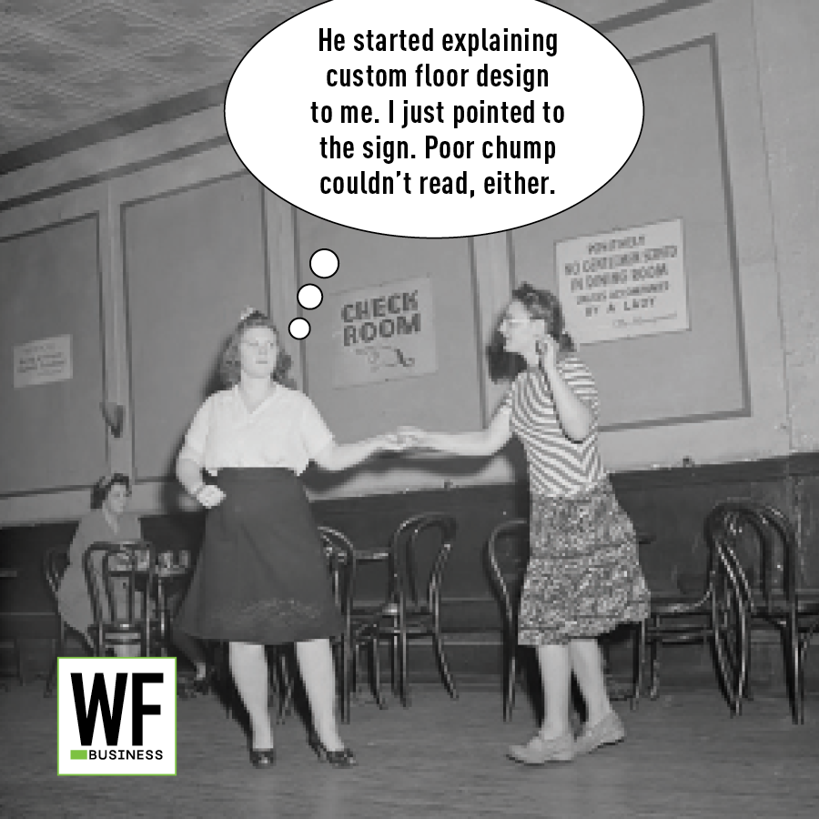 Vintage black and white photograph of two women in a checkroom with humorous caption