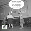 Vintage black and white photograph of two women in a checkroom with humorous caption