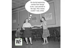 Vintage black and white photograph of two women in a checkroom with humorous caption