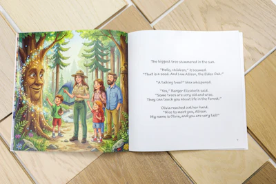 Open children's book showing illustrated forest scene with talking tree character and family, with story text on right page
