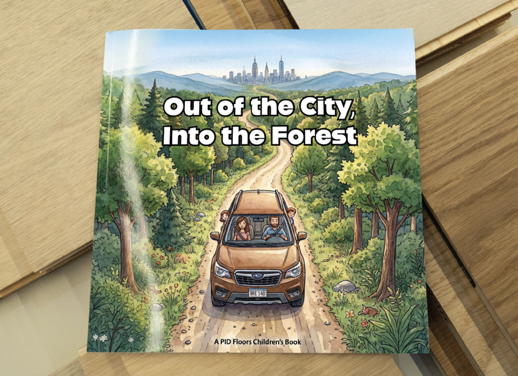 Children's book cover showing a brown SUV driving down a forest road with city skyline visible in the distance
