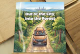 Children's book cover showing a brown SUV driving down a forest road with city skyline visible in the distance