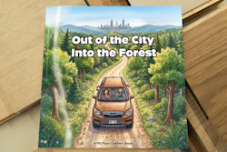 Children's book cover showing a brown SUV driving down a forest road with city skyline visible in the distance