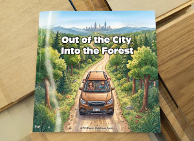 Children's book cover showing a brown SUV driving down a forest road with city skyline visible in the distance