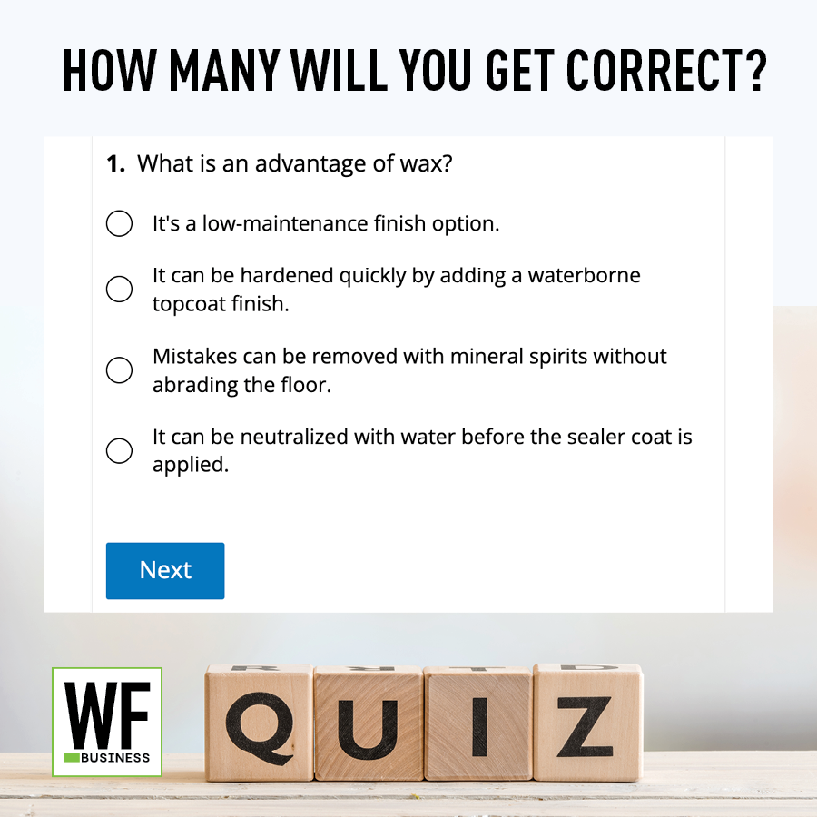 WF Business quiz question about wax advantages with multiple choice options and Next button