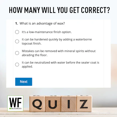 WF Business quiz question about wax advantages with multiple choice options and Next button