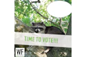Raccoon peeking from tree branch with 'Time to Vote' message and WE Business logo