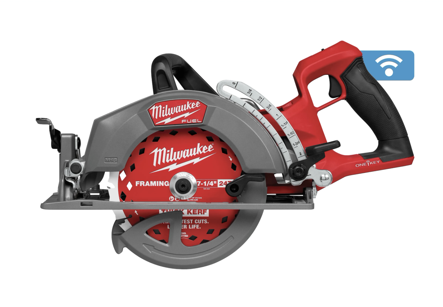 Milwaukee cordless circular saw with 7-1/4 inch framing blade and WiFi connectivity indicator