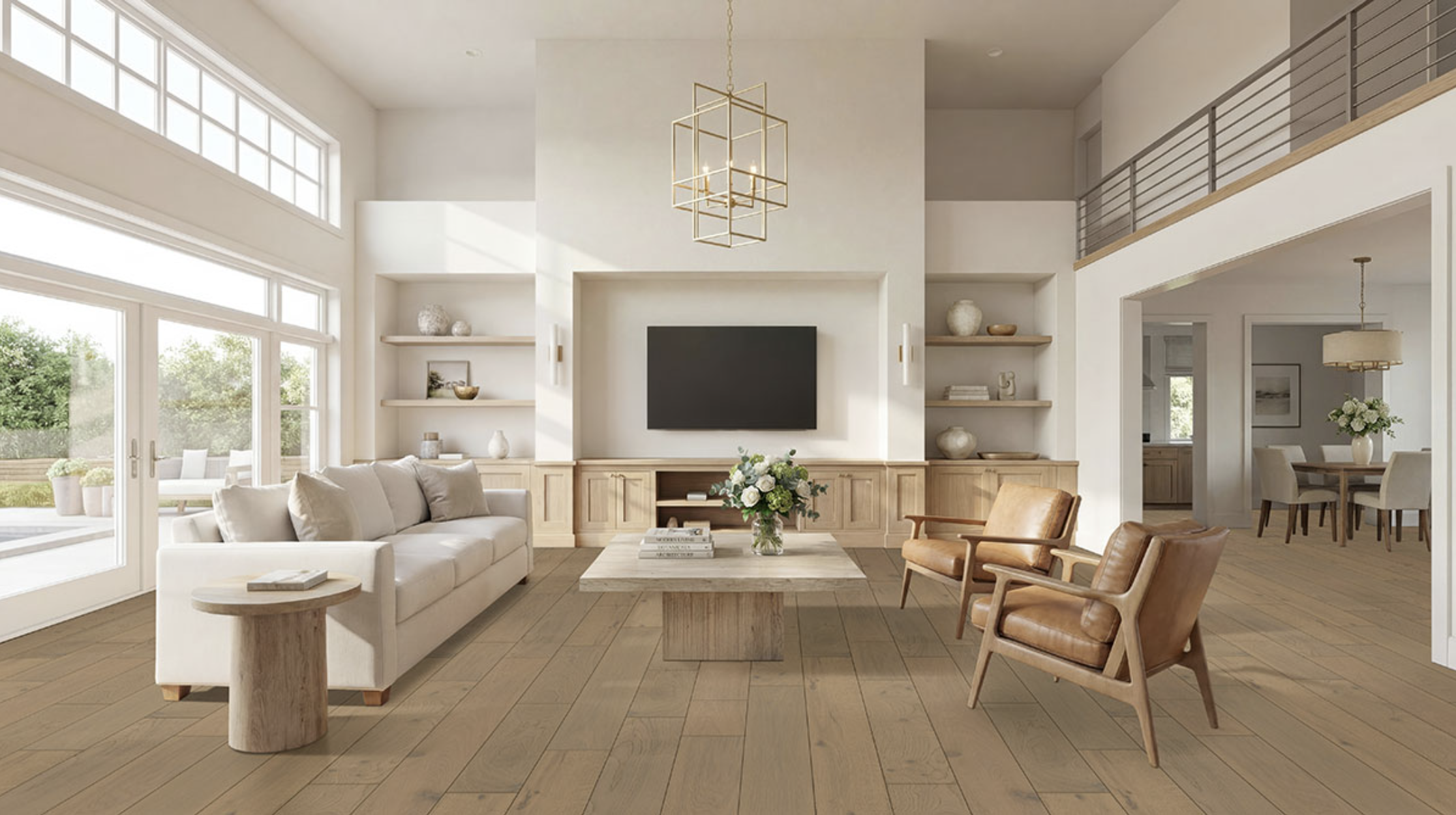 Modern open-concept living room with neutral furnishings, wood flooring, wall-mounted TV, and abundant natural light from large windows