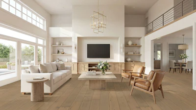 Modern open-concept living room with neutral furnishings, wood flooring, wall-mounted TV, and abundant natural light from large windows