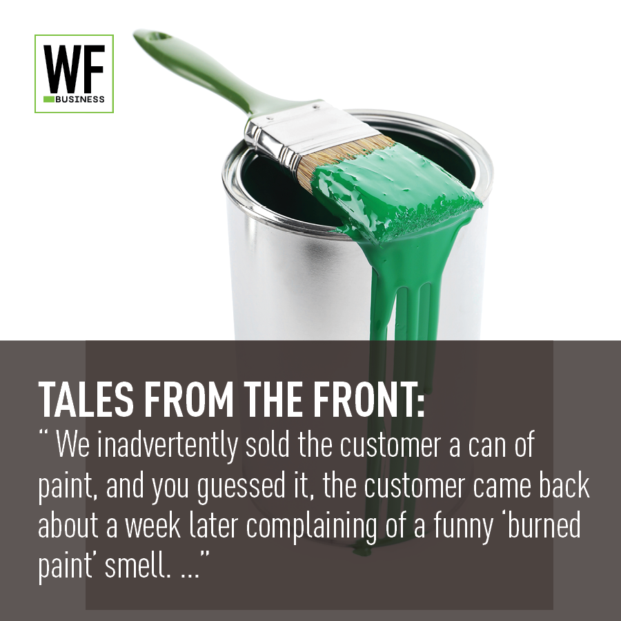 Paint can with green paint dripping from brush, WF Business logo, and customer service anecdote text