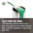 Paint can with green paint dripping from brush, WF Business logo, and customer service anecdote text