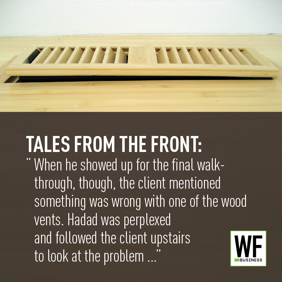 Wooden floor vent with text overlay about construction project challenges and WE Business logo