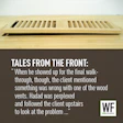 Wooden floor vent with text overlay about construction project challenges and WE Business logo
