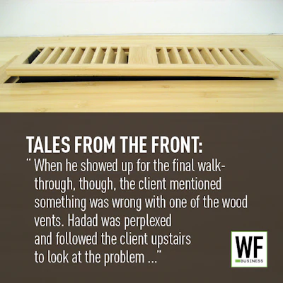 Wooden floor vent with text overlay about construction project challenges and WE Business logo