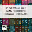 Colorful shipping containers with headline about U.S. tariffs affecting Canadian hardwood flooring jobs, WE Business logo